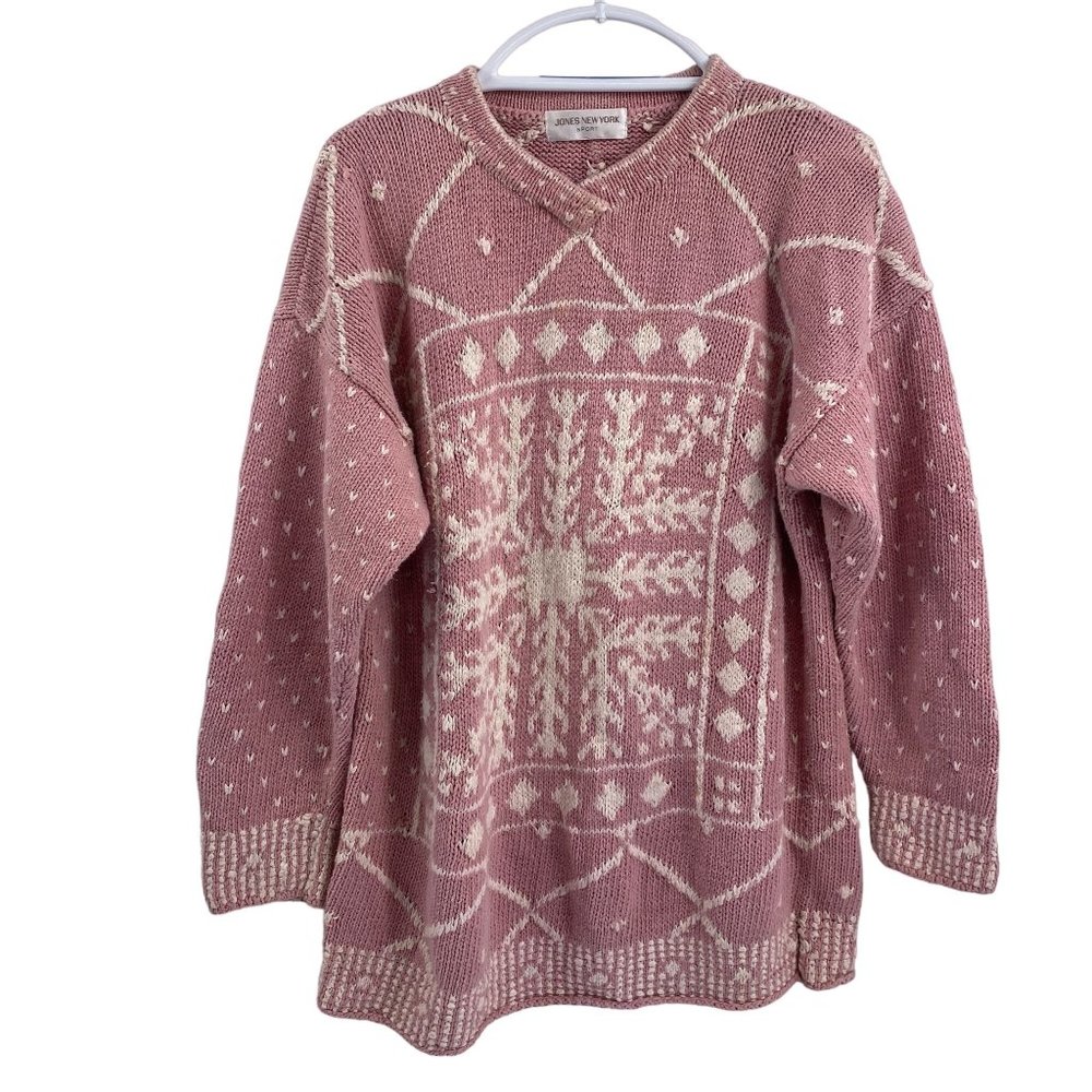 Jones New York grandma sweater size large pink v-neck distroyed lived in
